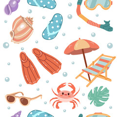 Cute hand drawn beach chair, umbrella with flip flops and other beach elements seamless pattern. Flat vector illustration isolated on white background. Doodle drawing. - obrazy, fototapety, plakaty