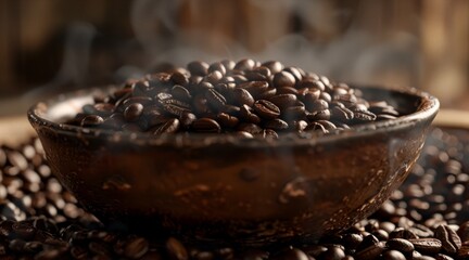 Close-up of roasted coffee beans, highlighting the rich texture and depth of color, perfect for capturing the essence of coffee.
