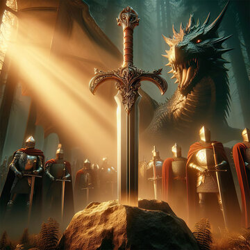 Excalibur. The mythical sword in the stone. Knights of the round table in the forest.