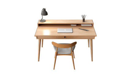 Minimalist wooden desk with a laptop lamp books and a chair in front of it