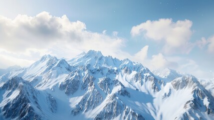 A breathtaking snowy mountain ridge basks in the brilliant sunlight, with the blue sky above punctuated by soft, white clouds. - obrazy, fototapety, plakaty