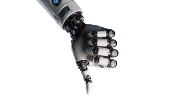 Thumbs down, robot hand thumb down, robotic hand thumbs down transparent background isolated