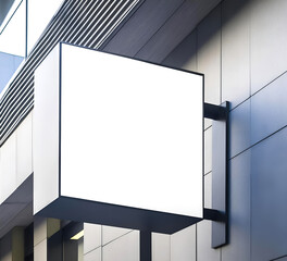 blank square store sign, empty restaurant exterior signboard mockup, shop outdoor logo presentation minimal template daytime