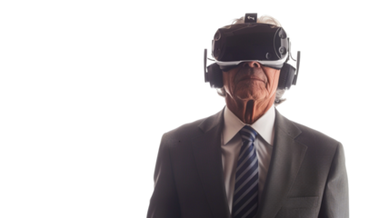 Senior businessman wearing a virtual reality headset isolated on transparent background.

