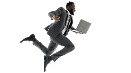 Happy young african american businessman with laptop jumping isolated on transparent background.
