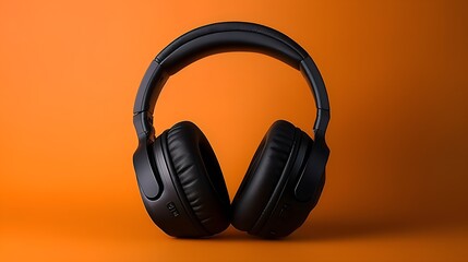 Black headphone on orange background. Wireless headphone for advertising or product.