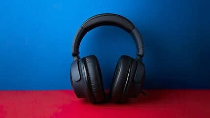 Black headphone on blue and red background. Wireless headphone for advertising or product.