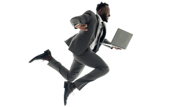 Happy young african american businessman with laptop jumping isolated on transparent background.

