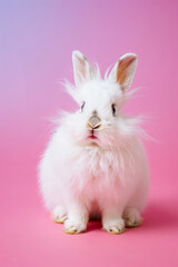 Fototapeta na wymiar A fluffy white bunny looking quizzically at the camera, a pastel rainbow question mark above