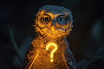 A baby owl with a comical confused look, a luminous yellow question mark glowing above