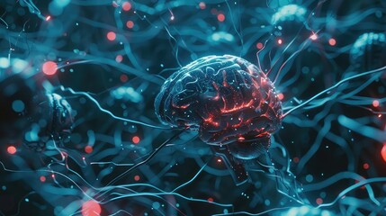A close-up view of a neural interface device, connecting the human brain to an exocortex system, - obrazy, fototapety, plakaty
