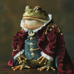 A princely frog in a miniature velvet coat, presented with the charm of fairy tales and the allure of vogue - obrazy, fototapety, plakaty