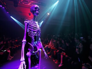 Obraz na płótnie Canvas A skeleton at a fashion show on a runway with bold, contrasting lighting