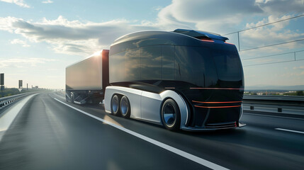 modern electric truck on the highway, futuristic eco friendly transport technology 
