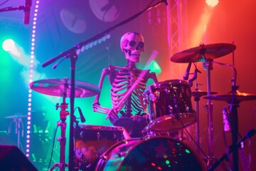 Fototapeta na wymiar A skeleton playing the drums in a band with a bright, neon stage setup