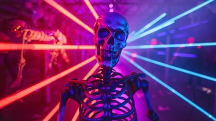A skeleton playing laser tag in a dark arena with vivid colored beams