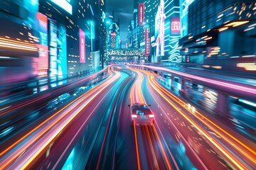 Fototapeta na wymiar Futuristic highway lit with neon lights
