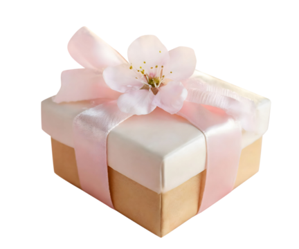 Cardboard gift box decorated with ribbon and flowers. Romantic present for love date. Design for wedding invitation and print card.