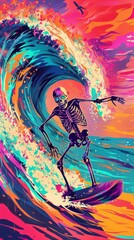 Surfing skeleton on a neon wave, sunset beach party vibes