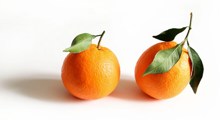 Due frutti d'arancia freschi con foglie isolati su sfondo bianco. Cibo sano e vegetariano. Copia spazio.