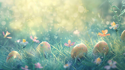 Easter background with flowers and eggs, illustration, colorful, detailed, vintage style, pastel...