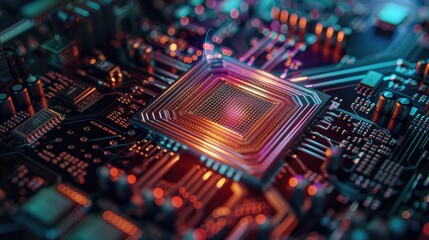 A close-up view of a quantum computing chip integrated into an exascale computing system, pushing the boundaries of processing power, - obrazy, fototapety, plakaty