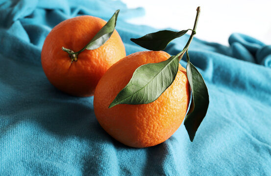 Due frutti d'arancia freschi con foglie isolati su sfondo blu. Cibo sano e vegetariano. Copia spazio.