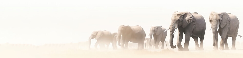 A herd of elephants walks in the day of Africa against the backdrop of a dusty landscape of nature....