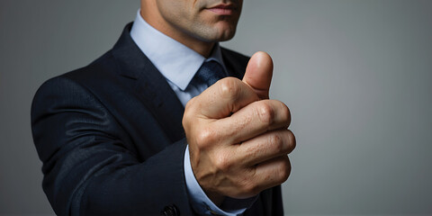 Happy businessman in black suit, white shirt, necktie show thumb finger up, like, agree hand gesture, isolated on grey background - obrazy, fototapety, plakaty