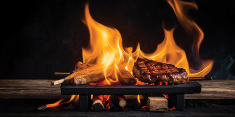 Beef Filet in Grill With Fire - obrazy, fototapety, plakaty