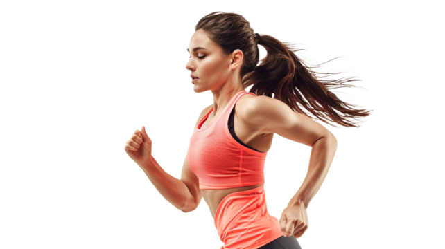 Happy, energy and woman with fitness with fashion and confidence on transparent background. Person, smile and model with pride in casual style, outfit and sportswear.