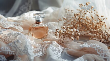 A classic perfume bottle lies on elegant white lace, accompanied by dried flowers, creating an aura of timeless romance and grace.