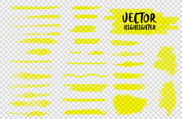 Highlighter marker pen underline strokes. Marker color stroke, brush pen hand drawn underline. Highlight yellow strokes, lines isolated on a transparent background. Vector illustration