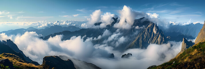 A breathtaking natural landscape of a mountain range covered in cumulus clouds, with a brilliant blue sky in the background. Perfect for art inspiration or travel adventures - obrazy, fototapety, plakaty