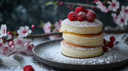 Souffle pancakes with raspberries and powdered sugar