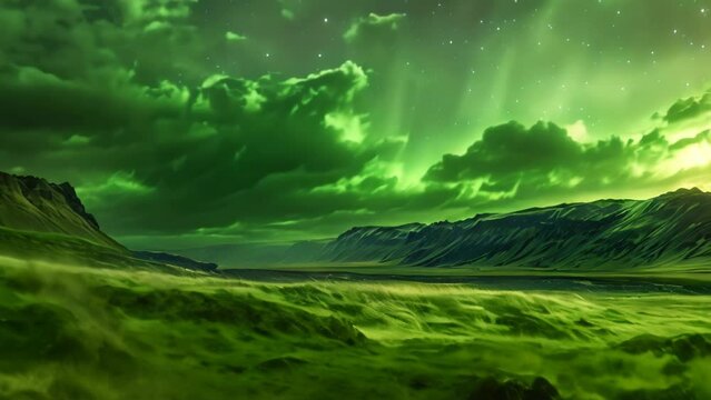 mountain with green aurora landscape. 4k video animation