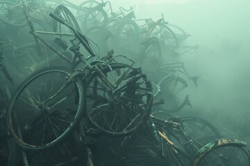 Bicycles slumping, frames and wheels contorting in a simmering haze