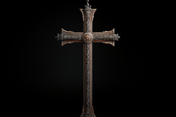 Christian religious metal cross on black background. Christian religious crucifix on black background. Topics related to the Christian religion. Topics related to death. Object of worship and belief. - obrazy, fototapety, plakaty