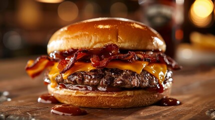 A mouthwatering American burger topped with melted cheese, crispy bacon, and tangy barbecue sauce