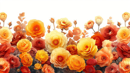 Dessin de fond de fleurs oranges, parterre de roses et rosiers en éclosion sur fond blanc, motif floral pour - obrazy, fototapety, plakaty