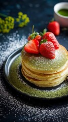 A stack of matcha pancakes on a dark surface presentation
