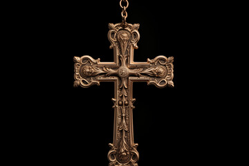 Christian religious wooden cross on black background. Christian religious crucifix on black background. Topics related to the Christian religion. Topics related to death. Object of worship and belief.