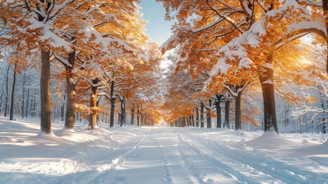   A road surrounded by orange-leafed trees is covered in snow, with a snow-covered path in the center