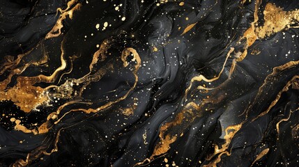 A luxurious black marble background with golden ink swirls, a visual masterpiece that speaks of opulence and modern sophistication - obrazy, fototapety, plakaty