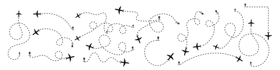 Airplane dashed lines path with start point and dash line Airplane routes set. Plane route line. Planes dotted flight pathways. Plane paths. Aircraft tracking, Airplane routes. Travel vector icon