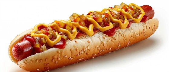 A classic American hot dog topped with mustard, ketchup, and relish