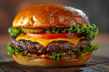 A classic American cheeseburger topped with crisp lettuce, ripe tomato, and melty American cheese