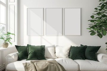 Empty poster frames set on a white wall in a minimalist living room with white sofa and green cushions