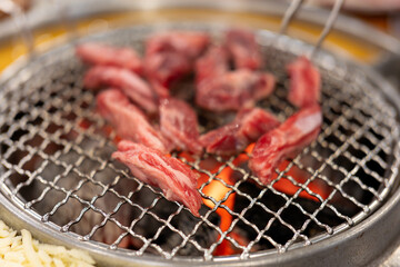 In the barbecue restaurant, the waiter lays a barbecue net on the red environmentally friendly barbecue charcoal, and uses food tongs to place the steak and bones, teaching delicious and juicy 