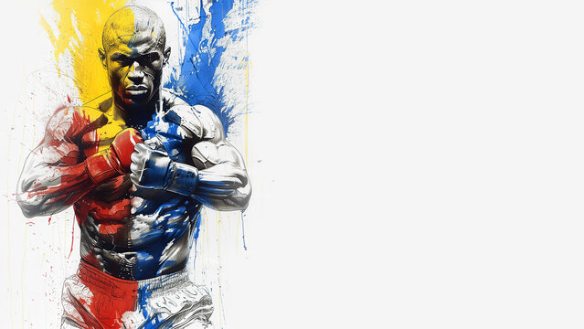 Single continuous line drawing portrait of a mixed martial arts fighter, splash of yellow, blue and red color, isolated on a white background. Copy space, horizontal 16:9